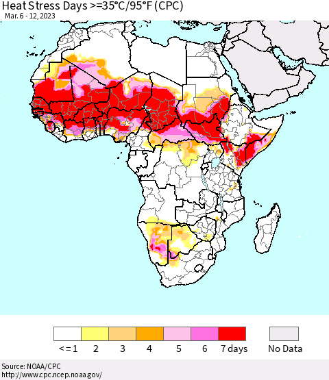 Africa Heat Stress Days >=35°C/95°F (CPC) Thematic Map For 3/6/2023 - 3/12/2023