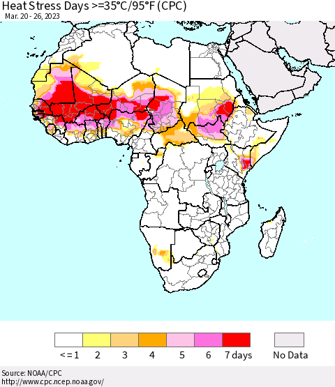Africa Heat Stress Days >=35°C/95°F (CPC) Thematic Map For 3/20/2023 - 3/26/2023