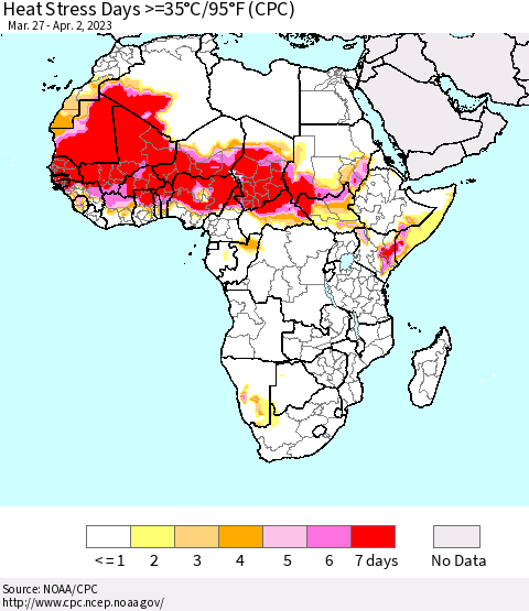 Africa Heat Stress Days >=35°C/95°F (CPC) Thematic Map For 3/27/2023 - 4/2/2023