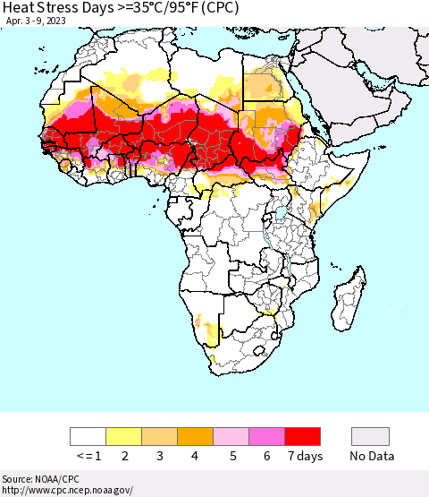 Africa Heat Stress Days >=35°C/95°F (CPC) Thematic Map For 4/3/2023 - 4/9/2023