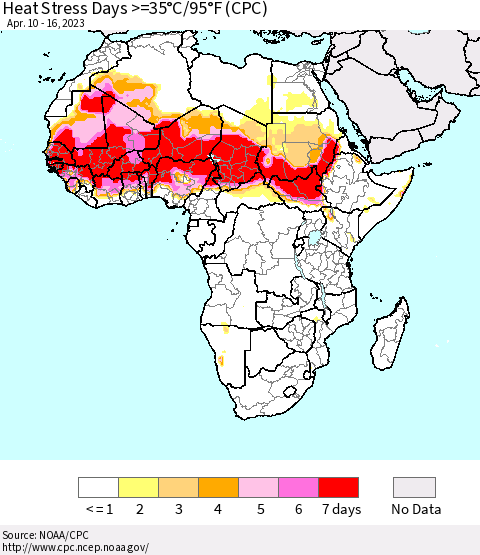 Africa Heat Stress Days >=35°C/95°F (CPC) Thematic Map For 4/10/2023 - 4/16/2023