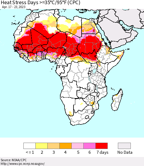 Africa Heat Stress Days >=35°C/95°F (CPC) Thematic Map For 4/17/2023 - 4/23/2023