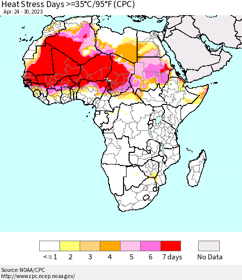 Africa Heat Stress Days >=35°C/95°F (CPC) Thematic Map For 4/24/2023 - 4/30/2023