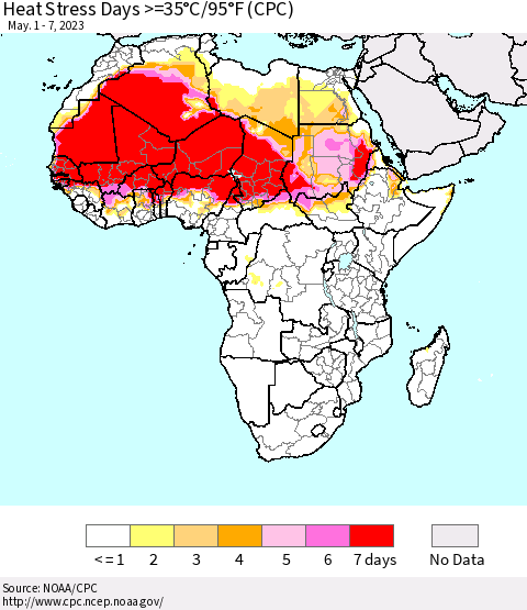 Africa Heat Stress Days >=35°C/95°F (CPC) Thematic Map For 5/1/2023 - 5/7/2023