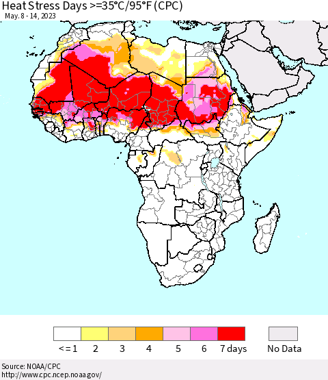 Africa Heat Stress Days >=35°C/95°F (CPC) Thematic Map For 5/8/2023 - 5/14/2023