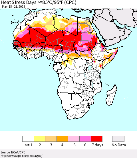 Africa Heat Stress Days >=35°C/95°F (CPC) Thematic Map For 5/15/2023 - 5/21/2023