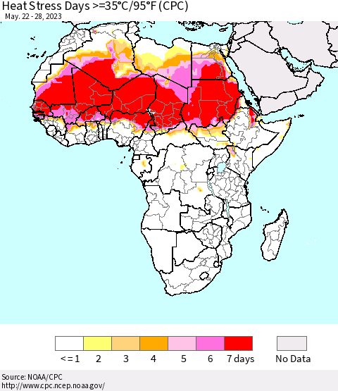 Africa Heat Stress Days >=35°C/95°F (CPC) Thematic Map For 5/22/2023 - 5/28/2023