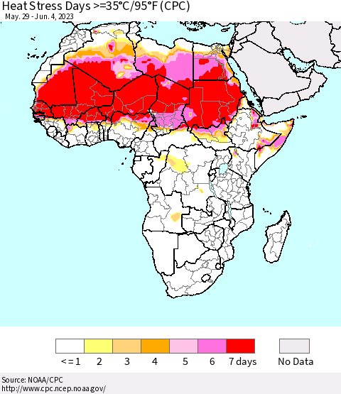 Africa Heat Stress Days >=35°C/95°F (CPC) Thematic Map For 5/29/2023 - 6/4/2023
