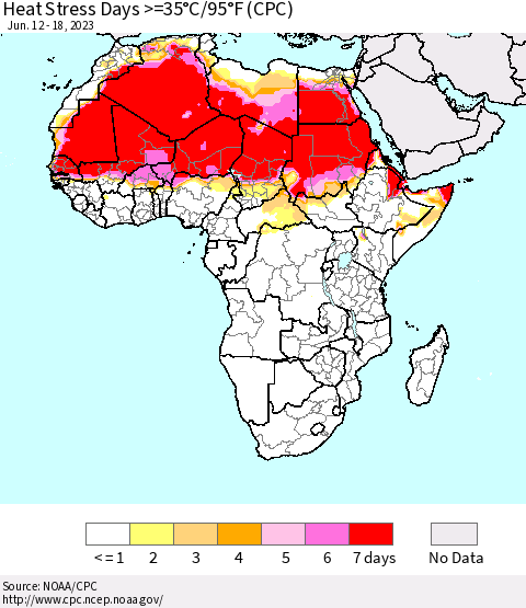 Africa Heat Stress Days >=35°C/95°F (CPC) Thematic Map For 6/12/2023 - 6/18/2023