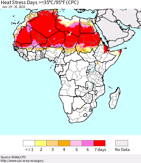 Africa Heat Stress Days >=35°C/95°F (CPC) Thematic Map For 6/19/2023 - 6/25/2023