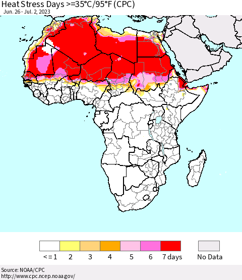 Africa Heat Stress Days >=35°C/95°F (CPC) Thematic Map For 6/26/2023 - 7/2/2023
