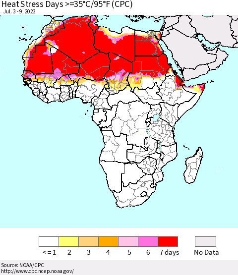 Africa Heat Stress Days >=35°C/95°F (CPC) Thematic Map For 7/3/2023 - 7/9/2023