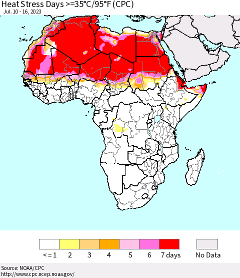 Africa Heat Stress Days >=35°C/95°F (CPC) Thematic Map For 7/10/2023 - 7/16/2023