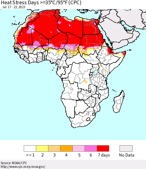 Africa Heat Stress Days >=35°C/95°F (CPC) Thematic Map For 7/17/2023 - 7/23/2023