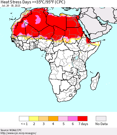 Africa Heat Stress Days >=35°C/95°F (CPC) Thematic Map For 7/24/2023 - 7/30/2023