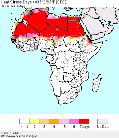 Africa Heat Stress Days >=35°C/95°F (CPC) Thematic Map For 7/31/2023 - 8/6/2023