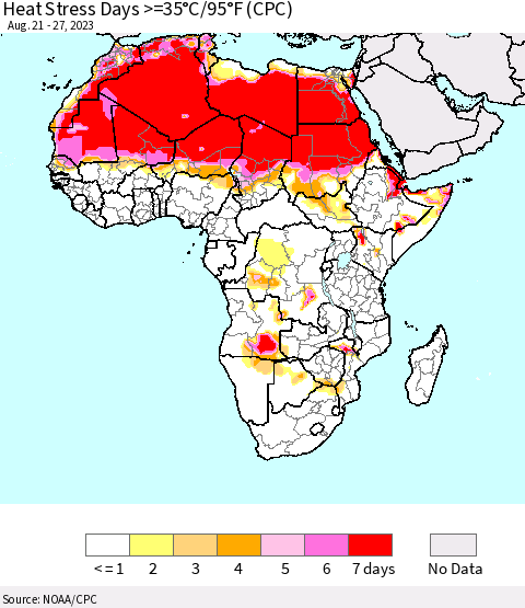 Africa Heat Stress Days >=35°C/95°F (CPC) Thematic Map For 8/21/2023 - 8/27/2023