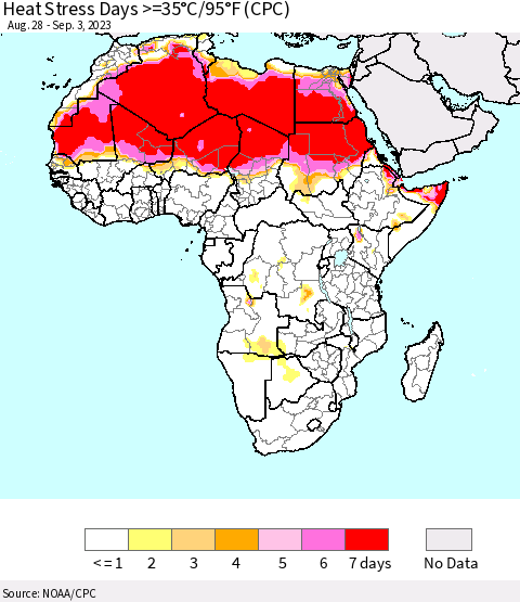 Africa Heat Stress Days >=35°C/95°F (CPC) Thematic Map For 8/28/2023 - 9/3/2023