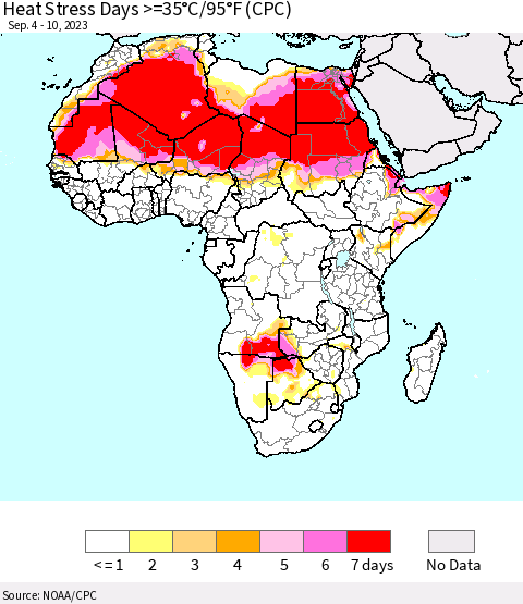 Africa Heat Stress Days >=35°C/95°F (CPC) Thematic Map For 9/4/2023 - 9/10/2023