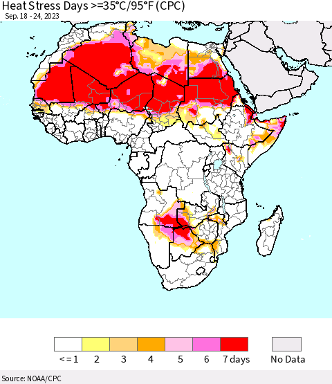 Africa Heat Stress Days >=35°C/95°F (CPC) Thematic Map For 9/18/2023 - 9/24/2023