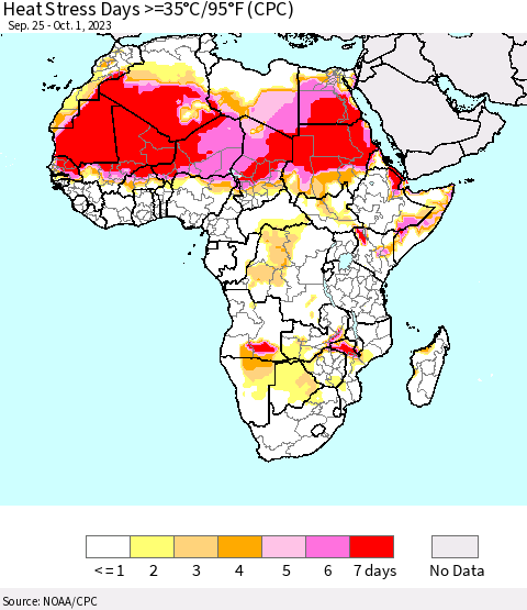 Africa Heat Stress Days >=35°C/95°F (CPC) Thematic Map For 9/25/2023 - 10/1/2023
