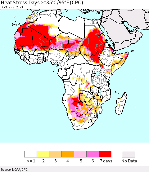 Africa Heat Stress Days >=35°C/95°F (CPC) Thematic Map For 10/2/2023 - 10/8/2023
