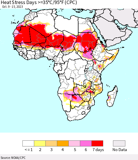 Africa Heat Stress Days >=35°C/95°F (CPC) Thematic Map For 10/9/2023 - 10/15/2023