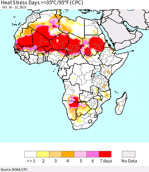 Africa Heat Stress Days >=35°C/95°F (CPC) Thematic Map For 10/16/2023 - 10/22/2023