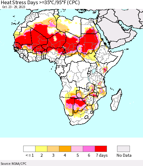 Africa Heat Stress Days >=35°C/95°F (CPC) Thematic Map For 10/23/2023 - 10/29/2023