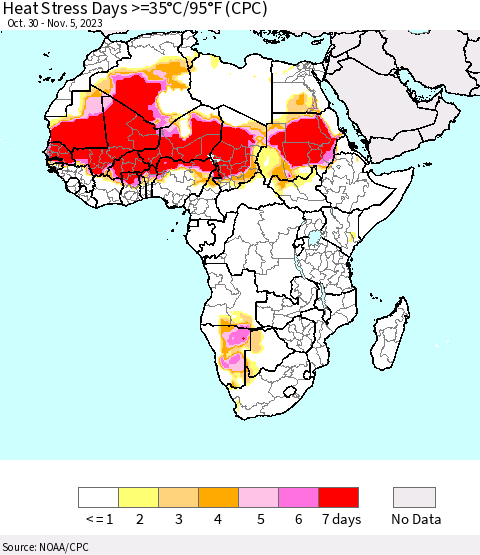 Africa Heat Stress Days >=35°C/95°F (CPC) Thematic Map For 10/30/2023 - 11/5/2023