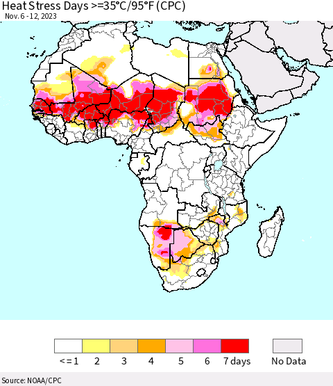 Africa Heat Stress Days >=35°C/95°F (CPC) Thematic Map For 11/6/2023 - 11/12/2023