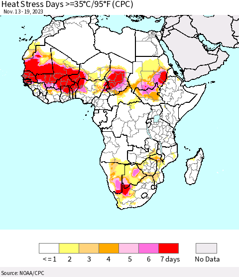 Africa Heat Stress Days >=35°C/95°F (CPC) Thematic Map For 11/13/2023 - 11/19/2023