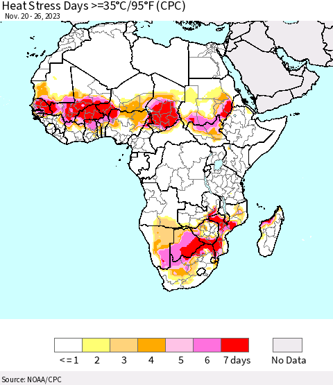 Africa Heat Stress Days >=35°C/95°F (CPC) Thematic Map For 11/20/2023 - 11/26/2023