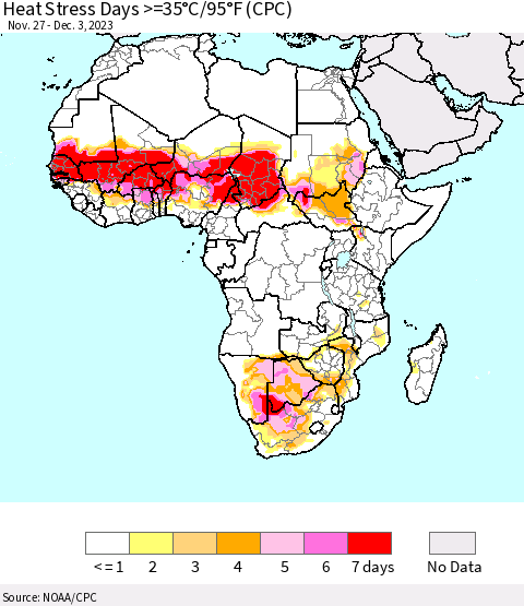 Africa Heat Stress Days >=35°C/95°F (CPC) Thematic Map For 11/27/2023 - 12/3/2023