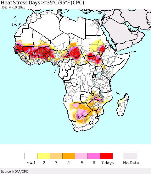 Africa Heat Stress Days >=35°C/95°F (CPC) Thematic Map For 12/4/2023 - 12/10/2023