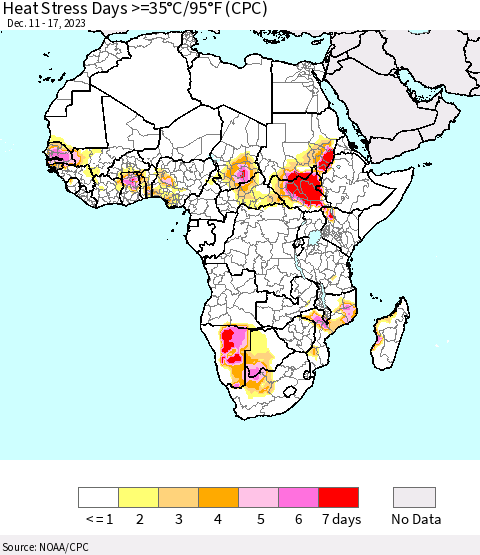 Africa Heat Stress Days >=35°C/95°F (CPC) Thematic Map For 12/11/2023 - 12/17/2023
