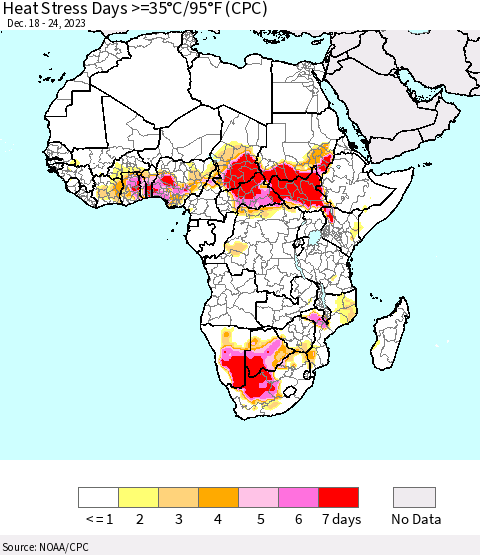 Africa Heat Stress Days >=35°C/95°F (CPC) Thematic Map For 12/18/2023 - 12/24/2023