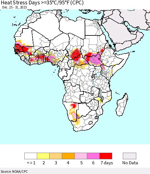Africa Heat Stress Days >=35°C/95°F (CPC) Thematic Map For 12/25/2023 - 12/31/2023