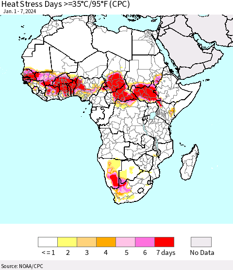 Africa Heat Stress Days >=35°C/95°F (CPC) Thematic Map For 1/1/2024 - 1/7/2024