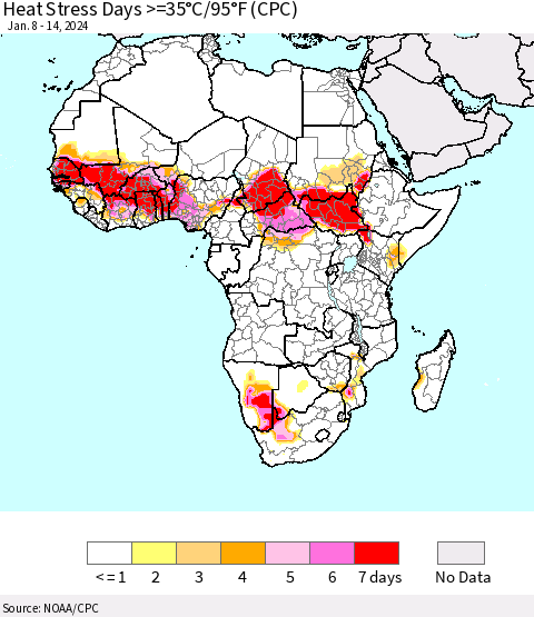 Africa Heat Stress Days >=35°C/95°F (CPC) Thematic Map For 1/8/2024 - 1/14/2024
