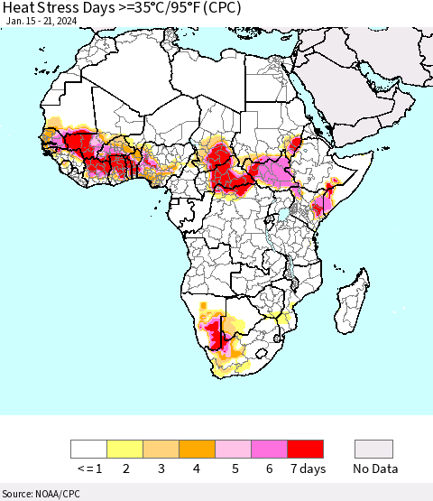 Africa Heat Stress Days >=35°C/95°F (CPC) Thematic Map For 1/15/2024 - 1/21/2024