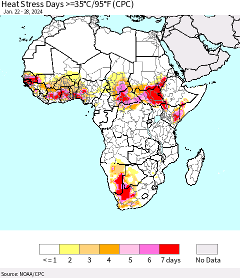 Africa Heat Stress Days >=35°C/95°F (CPC) Thematic Map For 1/22/2024 - 1/28/2024