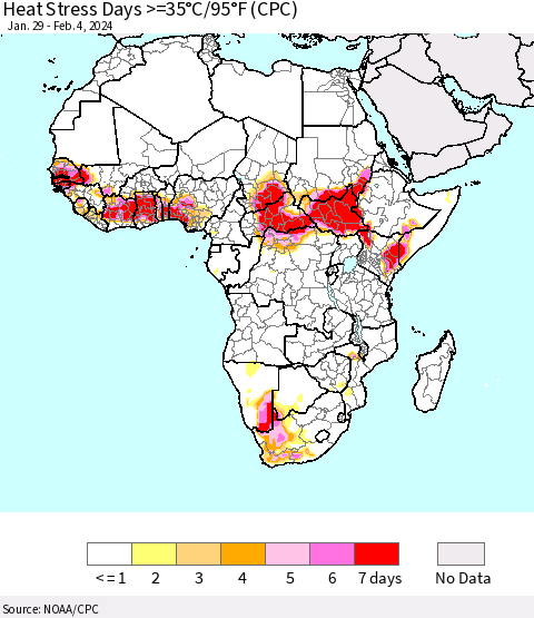 Africa Heat Stress Days >=35°C/95°F (CPC) Thematic Map For 1/29/2024 - 2/4/2024