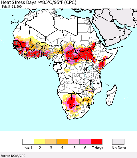 Africa Heat Stress Days >=35°C/95°F (CPC) Thematic Map For 2/5/2024 - 2/11/2024