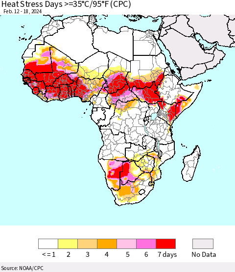 Africa Heat Stress Days >=35°C/95°F (CPC) Thematic Map For 2/12/2024 - 2/18/2024