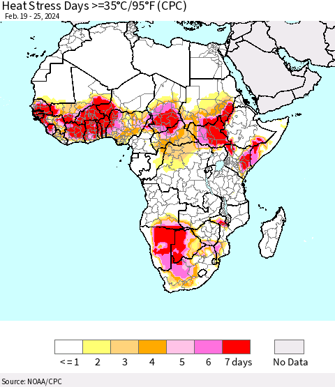 Africa Heat Stress Days >=35°C/95°F (CPC) Thematic Map For 2/19/2024 - 2/25/2024