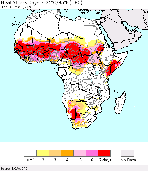 Africa Heat Stress Days >=35°C/95°F (CPC) Thematic Map For 2/26/2024 - 3/3/2024