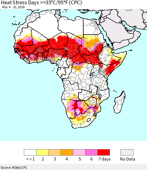 Africa Heat Stress Days >=35°C/95°F (CPC) Thematic Map For 3/4/2024 - 3/10/2024