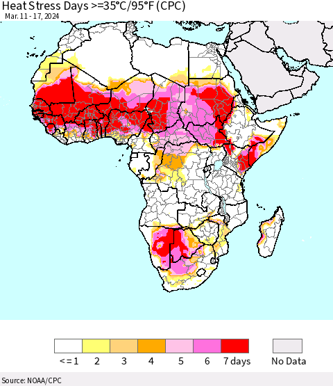 Africa Heat Stress Days >=35°C/95°F (CPC) Thematic Map For 3/11/2024 - 3/17/2024