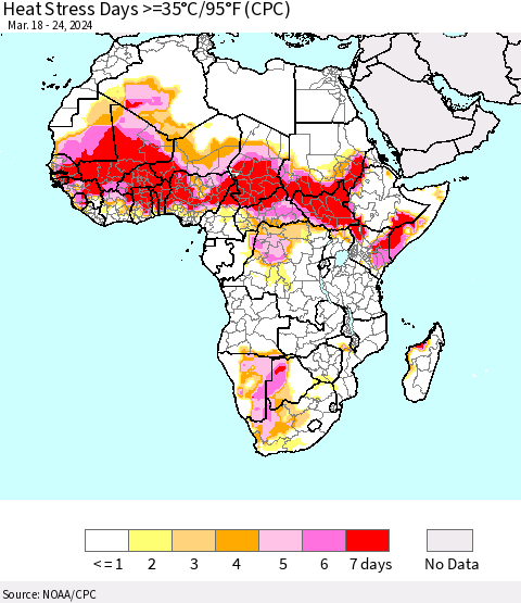 Africa Heat Stress Days >=35°C/95°F (CPC) Thematic Map For 3/18/2024 - 3/24/2024